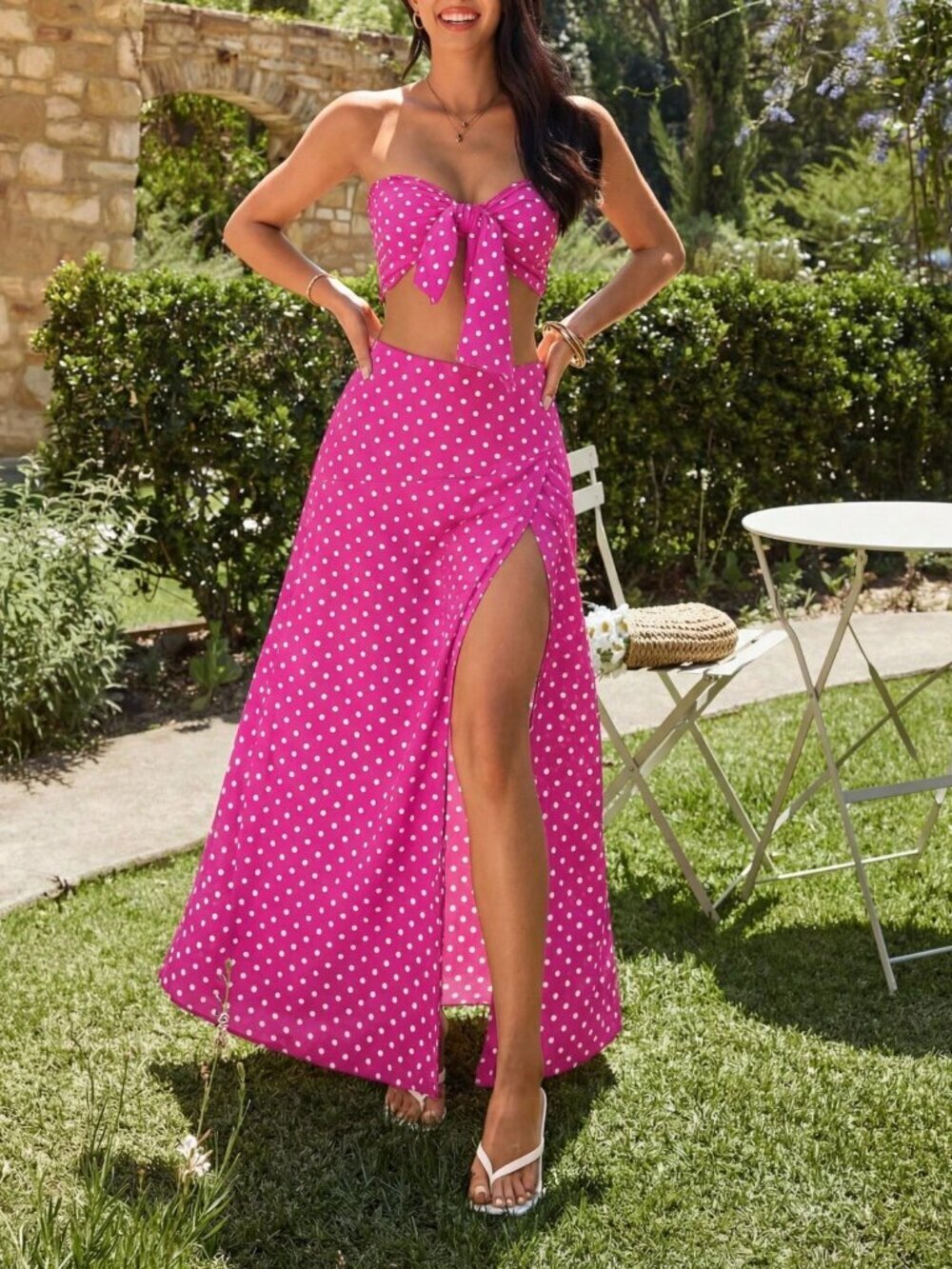 Hot Pink Boho Women's Polka Dot Tie Front Bandeau Top And Split Hem Skirt Set